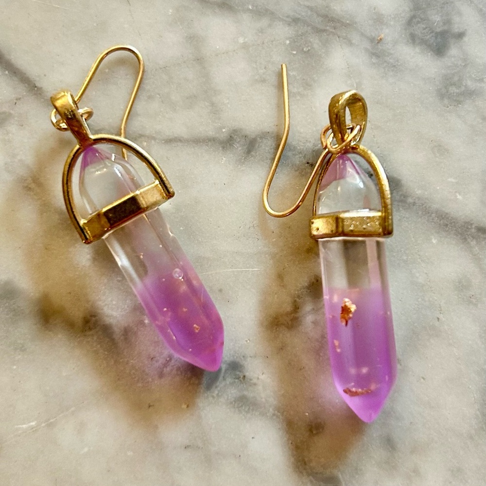 GLOW IN THE DARK Purple & Gold Crystal Quartz-like Earrings